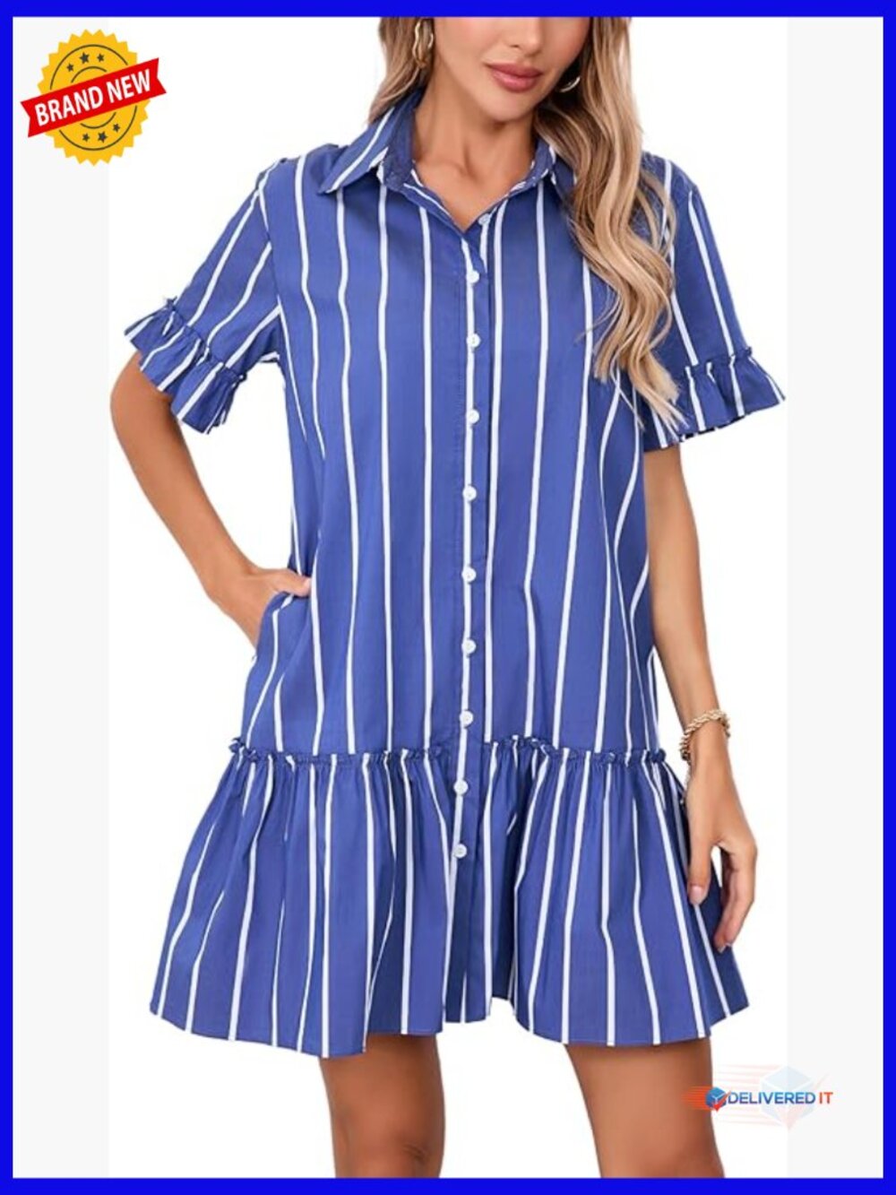 Drop Waist Ruffle Mini Dress with Pockets Summer Shirt Dress